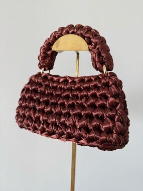 Woven Satin Mini Top-Handle Bag in Deep Burgundy